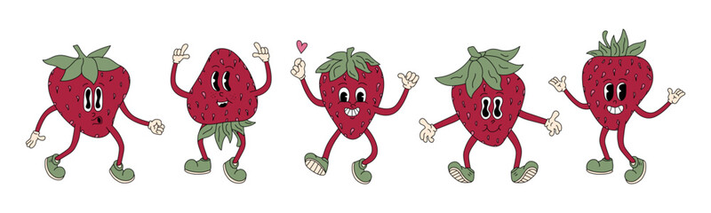 Groovy retro strawberry summer fruit food set. Vector cartoon cute funny face trendy berry cool characters.