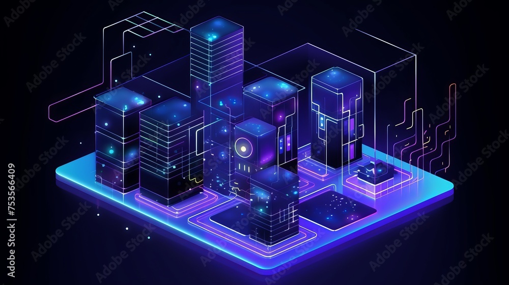 Poster an isometric vector illustration portrays smart data processing, information analysis, and statistic