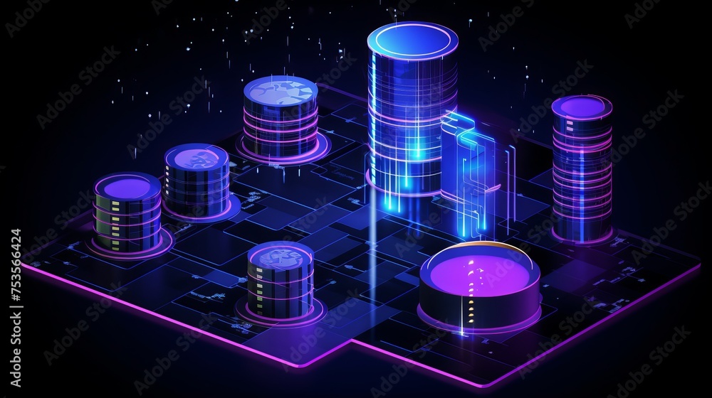 Poster an isometric vector illustration portrays smart data processing, information analysis, and statistic