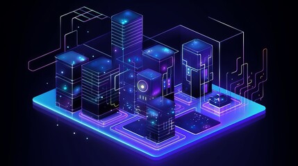 An isometric vector illustration portrays smart data processing, information analysis, and statistics within a server room, datacenter, and database icon against a dark neon background.