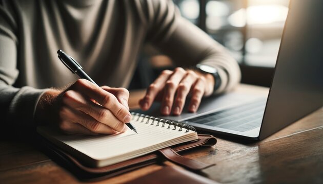 Close up of a professional's hands writing in a notebook beside a laptop, indicating planning or research in a work environment.
