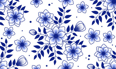 Seamless pattern with Gzhel, Delft Blue Ceramic with flowers, Modern Dutch Design, Handcrafted Ceramic Art, Unique Home Decor Gift, Traditional Charm. Chinese blue and white flowers - obrazy, fototapety, plakaty
