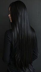 Beautiful brunette woman with long shiny hair on dark background, haircare beauty concept