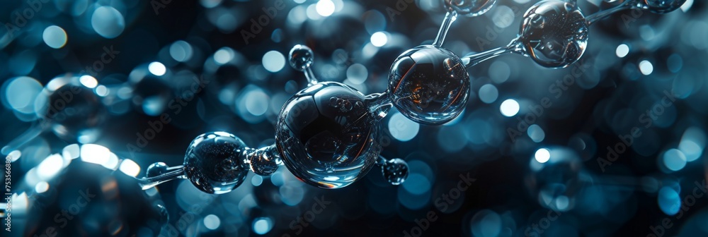 Poster abstract 3d rendering of a molecule with bubbles and light on black background for scientific concep