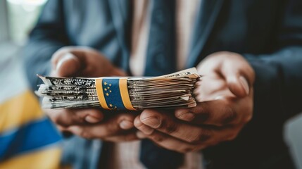 Businessman holding money bills with ukrainian flag in background for text placementclose up shot.