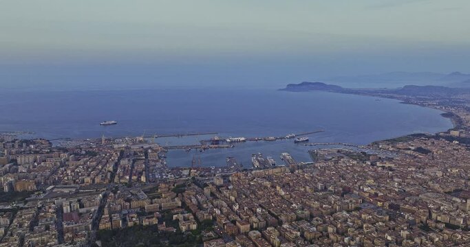 Palermo Italy Aerial v16 high altitude drone flyover downtown area capturing residential cityscape, marina bay, harbour and Tyrrhenian sea views at dusk - Shot with Mavic 3 Cine - May 2023