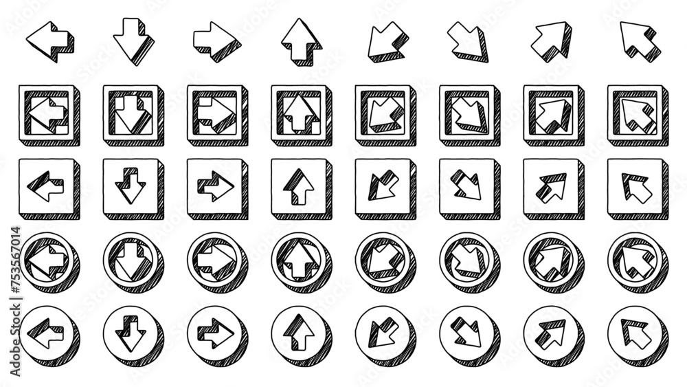 Poster set of directional arrows nested in various shapes in doodle style with three-dimensional shading ef