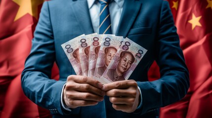 Businessman s hands holding bills with blurred china union flag in background, copy space available - obrazy, fototapety, plakaty