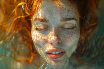 The calm face of a woman partially submerged in water, highlighting her freckles and serene demeanor