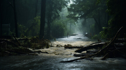 Heavy rain in the forest can lead to flooding - obrazy, fototapety, plakaty