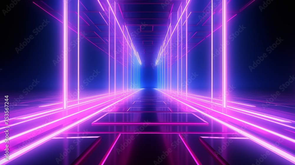 Poster another 3d render showcases a pink-blue neon abstract background with glowing panels illuminated by 