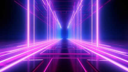 Another 3D render showcases a pink-blue neon abstract background with glowing panels illuminated by ultraviolet light, representing futuristic power-generating technology.