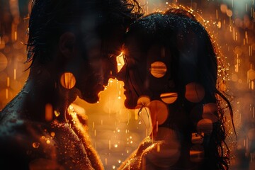 An evocative image of a couple in a close embrace, surrounded by golden bokeh lights creating a romantic atmosphere