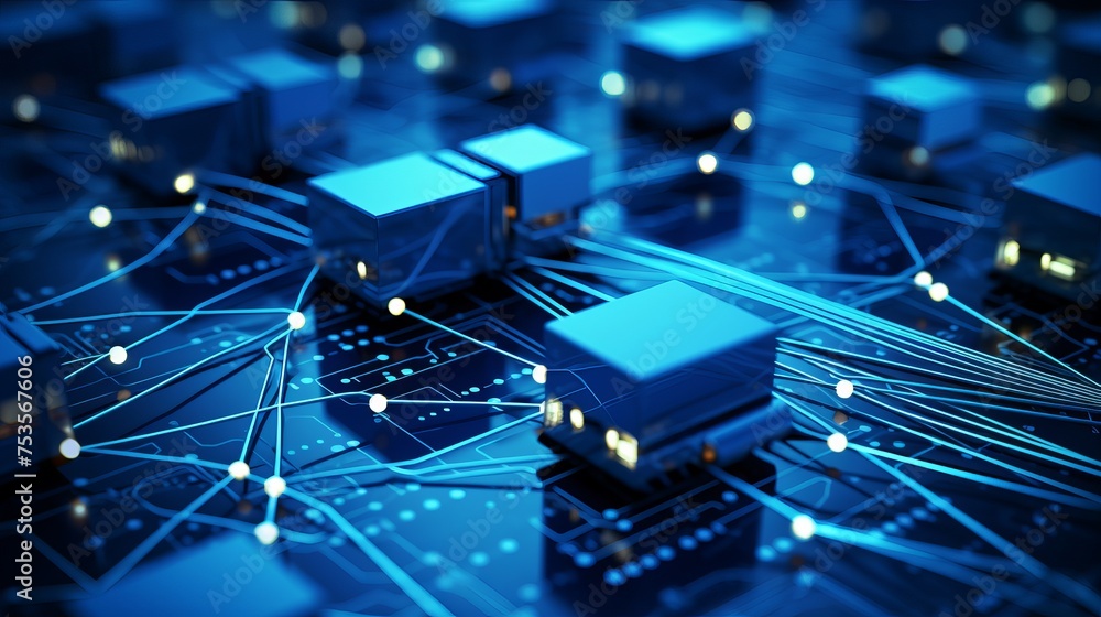 Poster illustrating a network database, wired data cables interconnect to form a cohesive system.