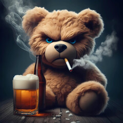 drinking and smoking teddy bear - obrazy, fototapety, plakaty