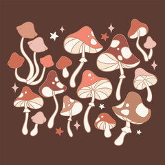 
Hand drawn vector groovy psychedelic vintage mushrooms and stars. Perfect for summer t-shirt logo design, greeting card, poster, invitation or nursery print.
