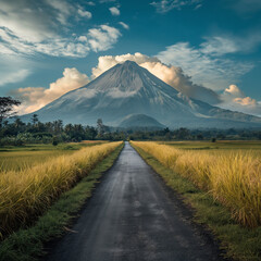 Fototapeta premium Beautiful panorama of tropical mountains with rice fields and village roads