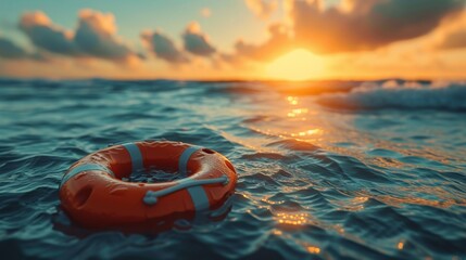 Orange life preserver floating in ocean at sunset with sun in background