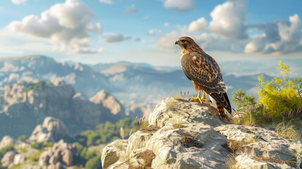 A regal hawk perched on a rocky outcrop, surveying the vast landscape below.
