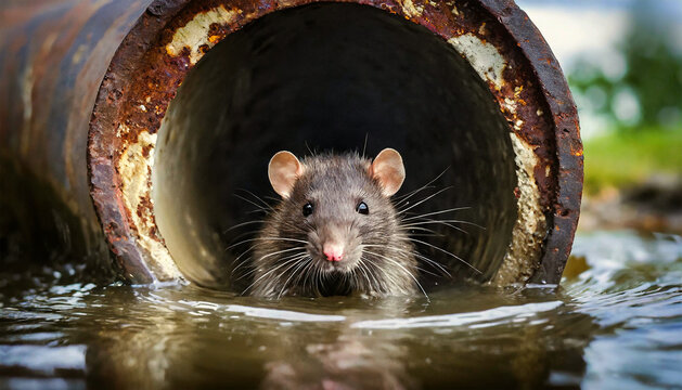 Closeup of a rat inside a rusty sewer pipe; rat looking out of a drain in the sewerage system. Rodent problem in the canalization system, unsanitary concept. Generative Ai.