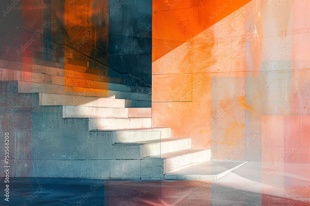 Poster an abstract depiction of a staircase ascending towards a building, featuring bold lines and dynamic 