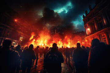 Large-scale demonstration and civil unrest lead to confrontations with law enforcement, causing chaos and tension in the city environment. - obrazy, fototapety, plakaty