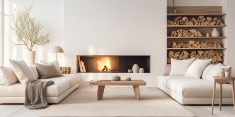 Modern white living room with wooden accents featuring a sleek fireplace and sofa.