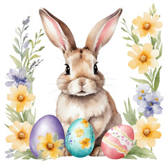 colorful watercolor easter bunny and easter eggs with flowers  on isolated transparent background png, generated with AI
