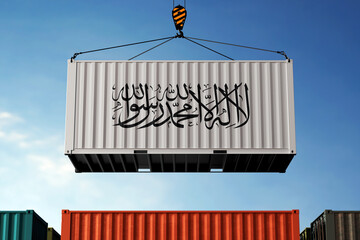 Afghanistan trade cargo container hanging against clouds background