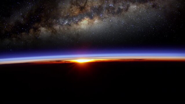 The sun rising behind the Earth as viewed from space. 
(Some elements furnished by NASA).