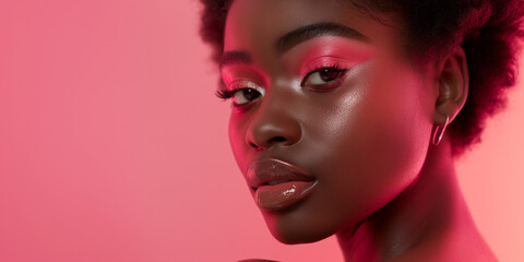 Obraz premium a banner with a dark-skinned beautiful woman with pink and brown makeup on a pink background, a monochrome palette, a concept of light chic, advertising decorative cosmetics, fashion and beauty