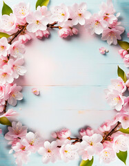 Fototapeta na wymiar Easter light blue background anchors a delicate border of soft pink cherry blossoms and pastel Easter eggs
