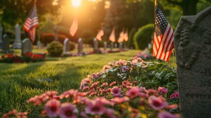 Honoring american veterans on memorial day with american flags at a national cemetery - obrazy, fototapety, plakaty