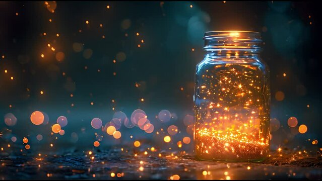 Magical landscape with jar and fairy lights by night,fireflies, stars. Cute childish background,fantasy Copy space 4k video Space for text