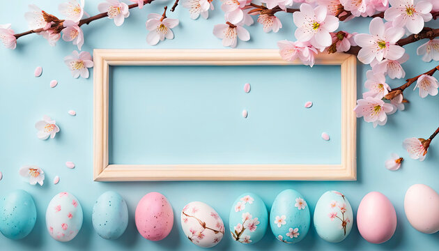 Easter light blue background anchors a delicate border of soft pink cherry blossoms and pastel Easter eggs