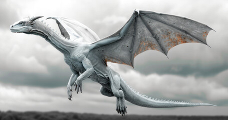 Fototapeta premium flying mythical beautiful white dragon against the background of clouds, fairy tale character, banner