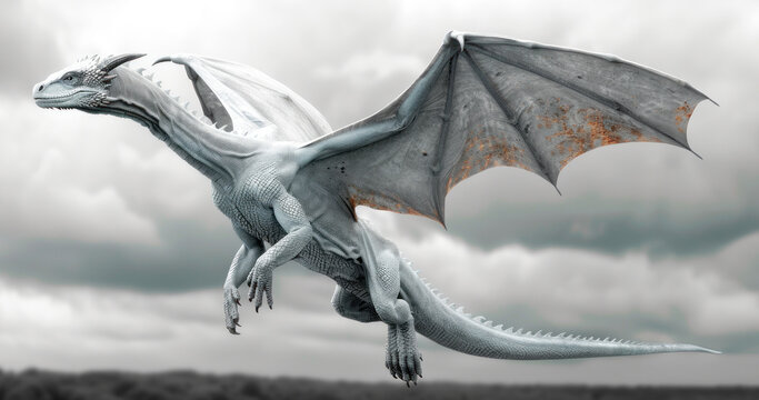 flying mythical beautiful white dragon against the background of clouds, fairy tale character, banner