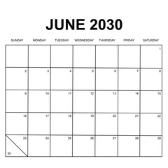 june 2030 calendar. week start on sunday. printable, simple, and clean design isolated on white background. calendar vector design.