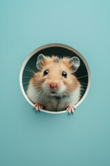 Cute hamster peeking out of a hole. Cyan background surface wall texture. The most adorable pet...