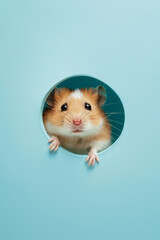 Cute hamster peeking out of a hole. Blue background surface wall texture. The most adorable pet ever. Baby pet. Card design style with copy space. Pet shop.  A hole in the wall with the pet peeking.