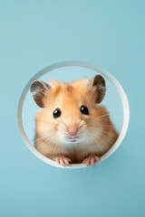 Cute hamster peeking out of a hole. teal background surface wall texture. The most adorable pet...