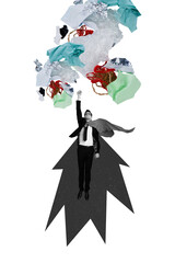 Vertical abstract collage of young superhero fly clean trash package plastic foil pollution waste...