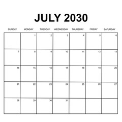 july 2030 calendar. week start on sunday. printable, simple, and clean design isolated on white background. calendar vector design.