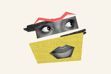 Composite photo collage of parts face american girl eyes lips makeup calm smile neutral caricature...