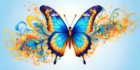Very beautiful blue yellow orange butterfly in flight isolated on a transparent background.