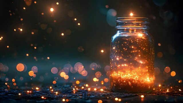 Magical landscape with jar and fairy lights by night,fireflies, stars. Cute childish background,fantasy Copy space 4k video Space for text