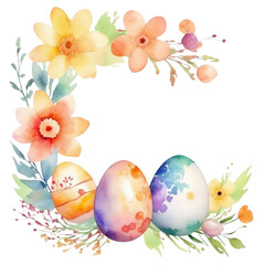 Fototapeta na wymiar colorful watercolor easter bunny and easter eggs with flowers on isolated transparent background png, generated with AI