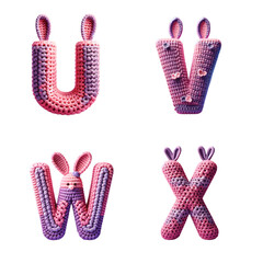 Whimsical Knitted Alphabet Letters with Bunny Ears: U, V, W, X with transparent background