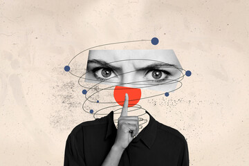 Composite photo collage of young girl without head caricature swirl eyes frown hand gesture silence...