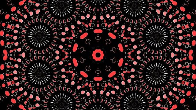 Abstract Kaleidoscope pattern with pink colors. Magic mandala. 4k Abstract background moving stripes and flashing with shining light dots. Animation with circles	